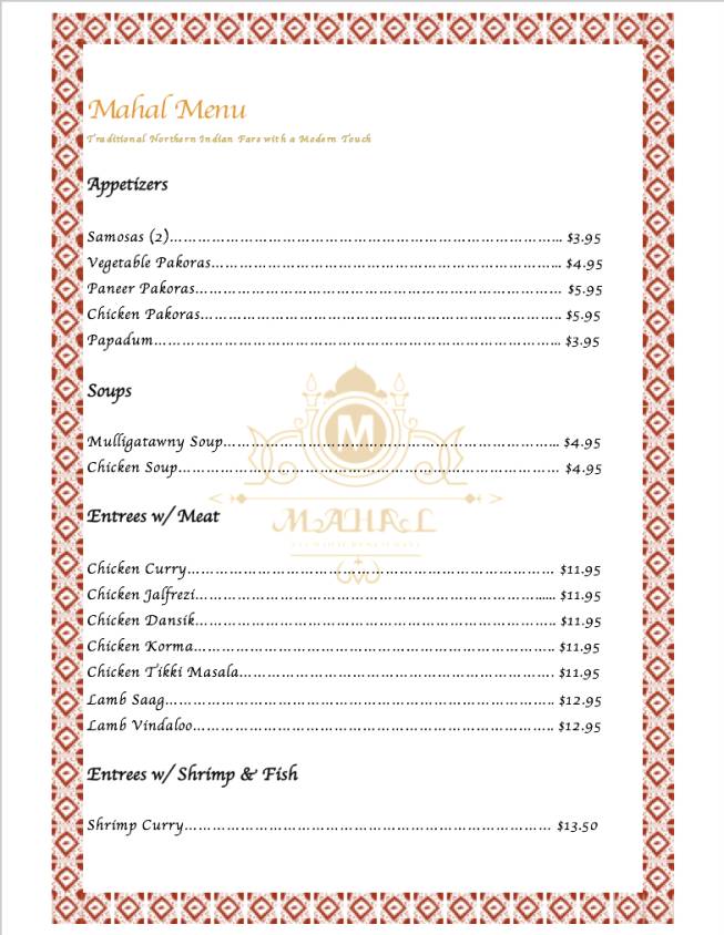 Mahal меню