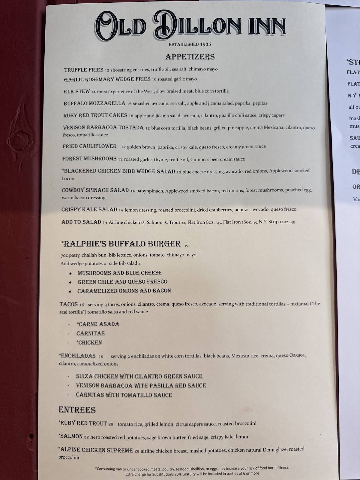 ODI "Old Dillon Inn" меню