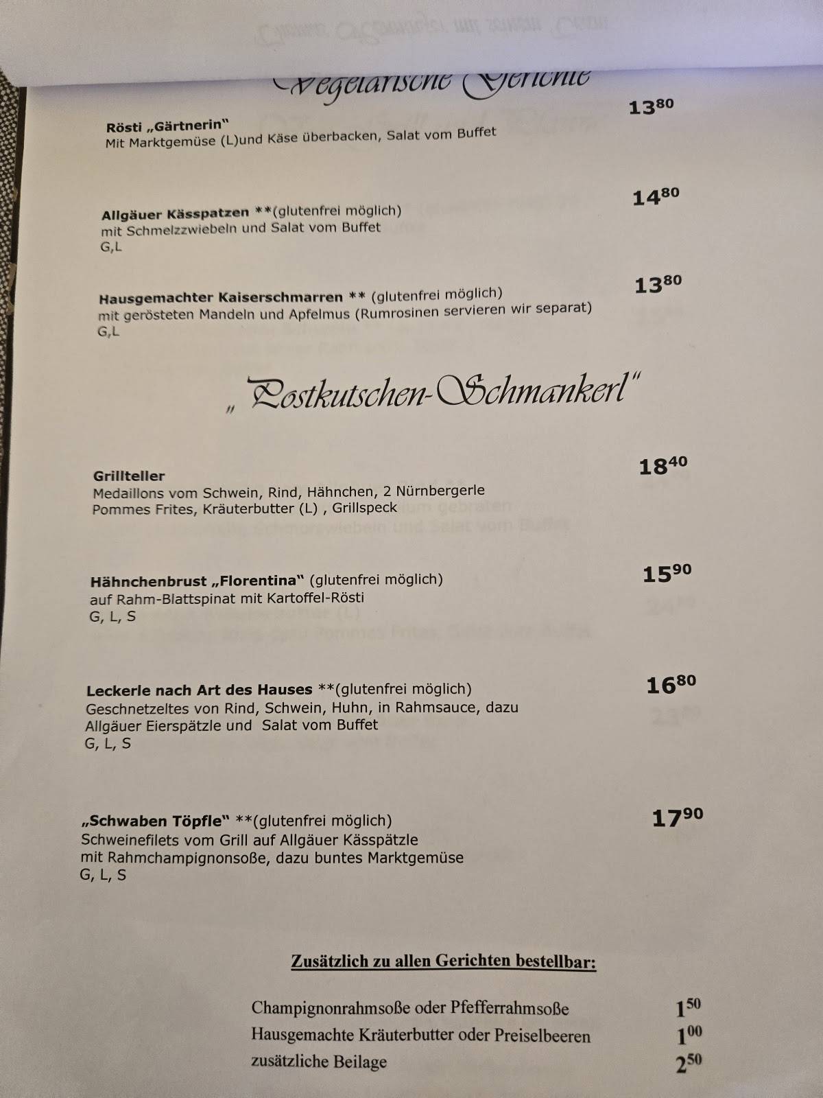 Restaurant Postkutsche меню