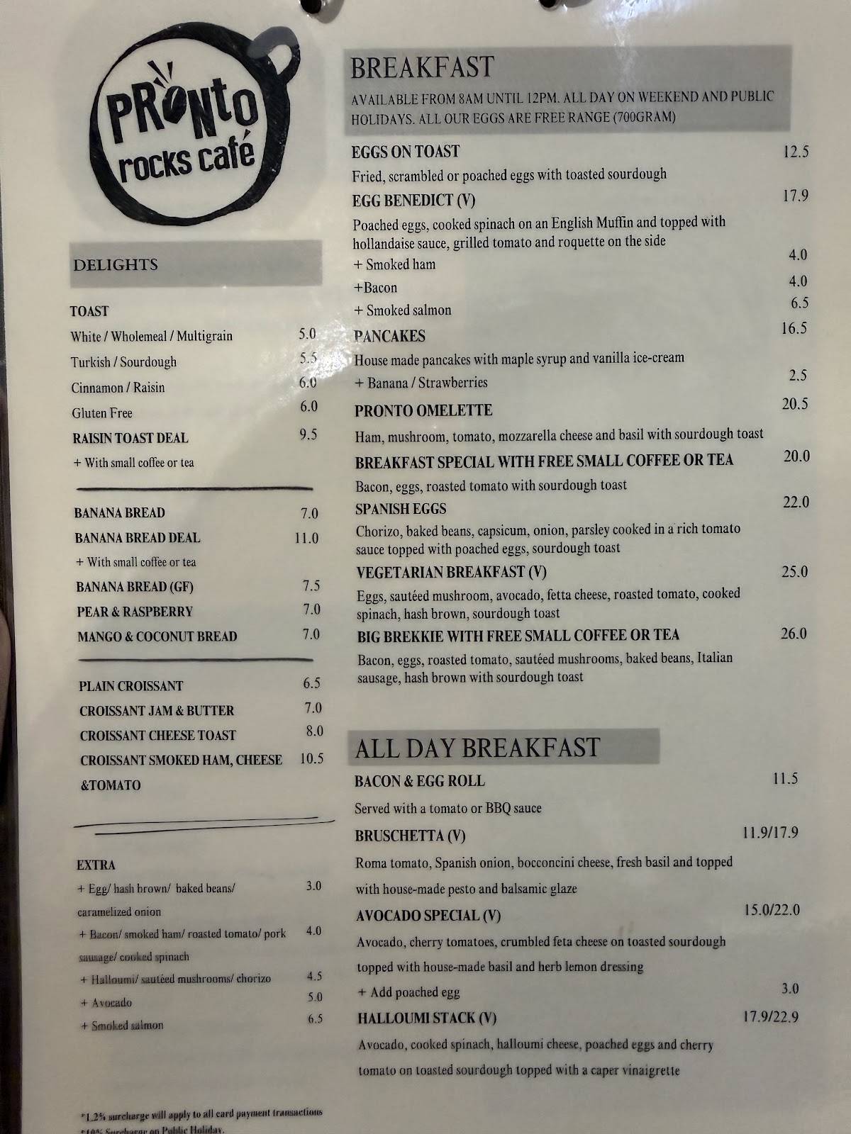 Pronto Rocks Cafe меню
