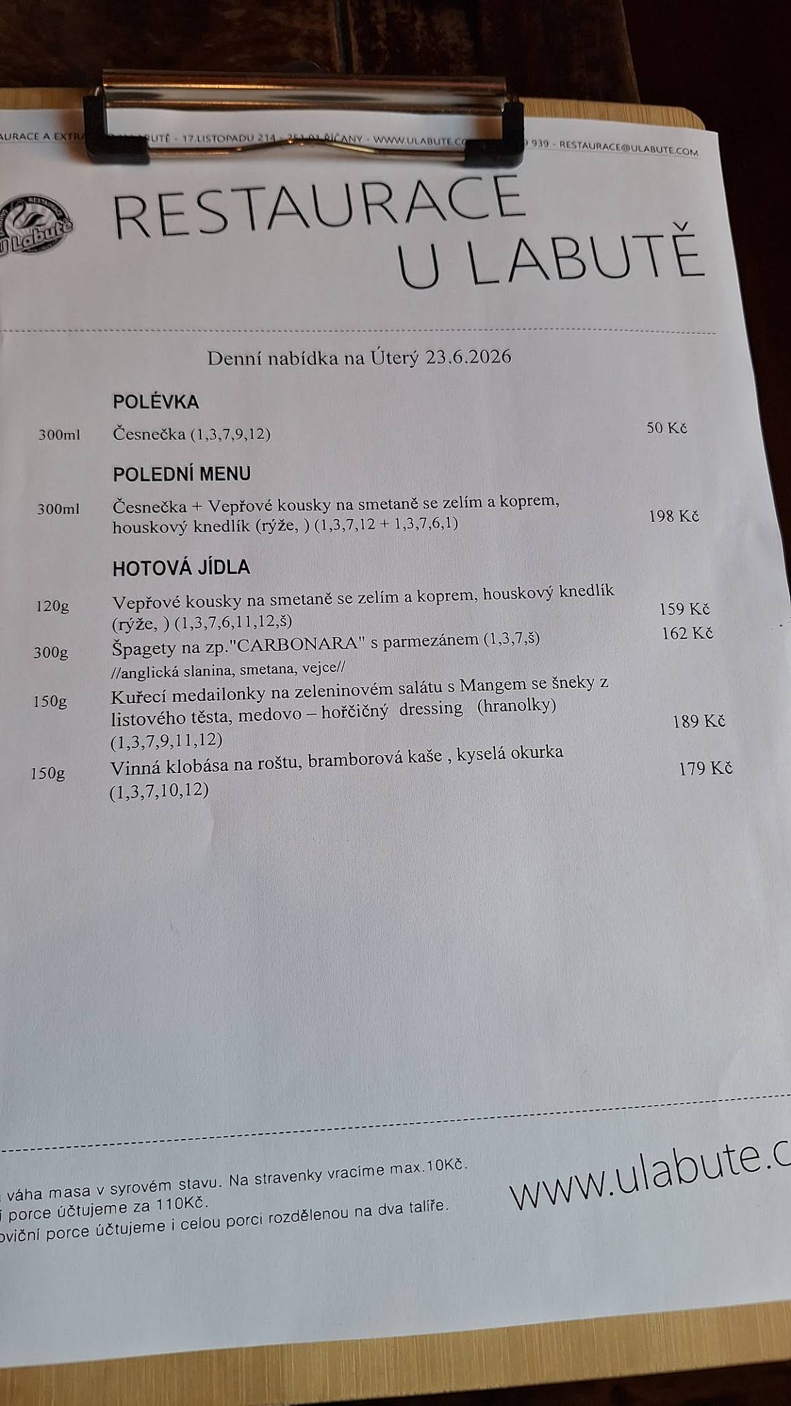 Restaurace U labutě меню
