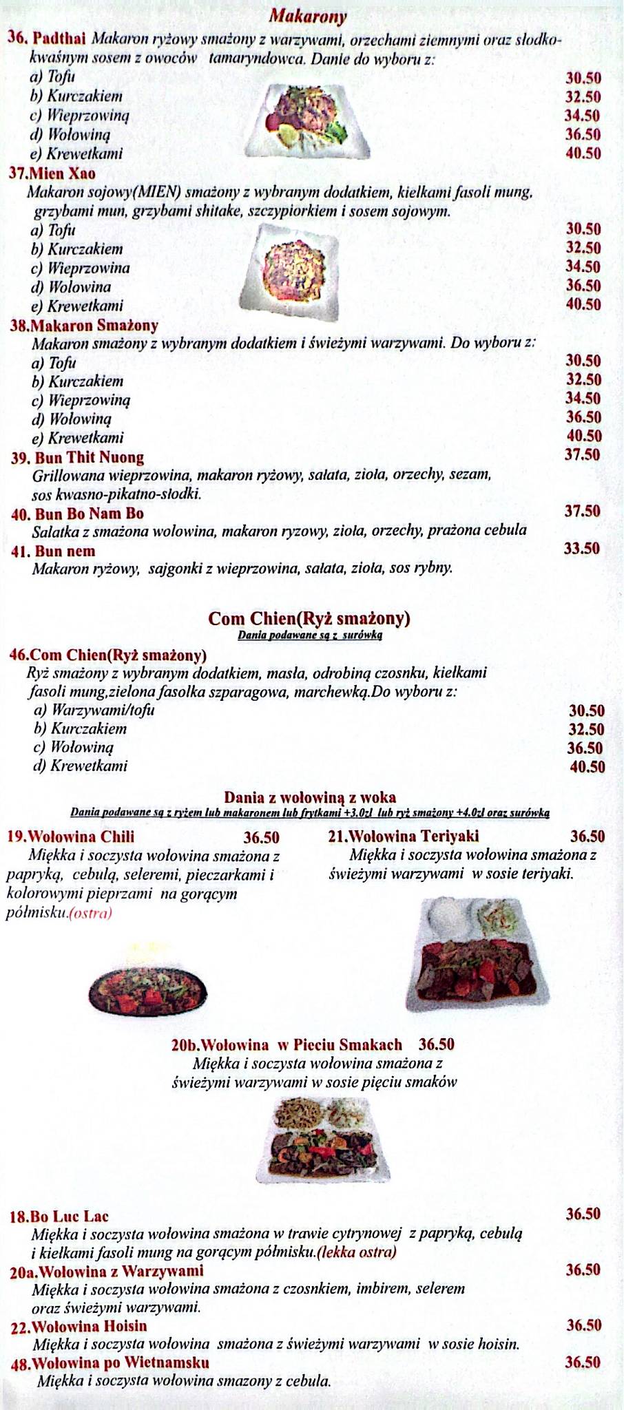 Restauracja ThaiCooking Rzeszow меню