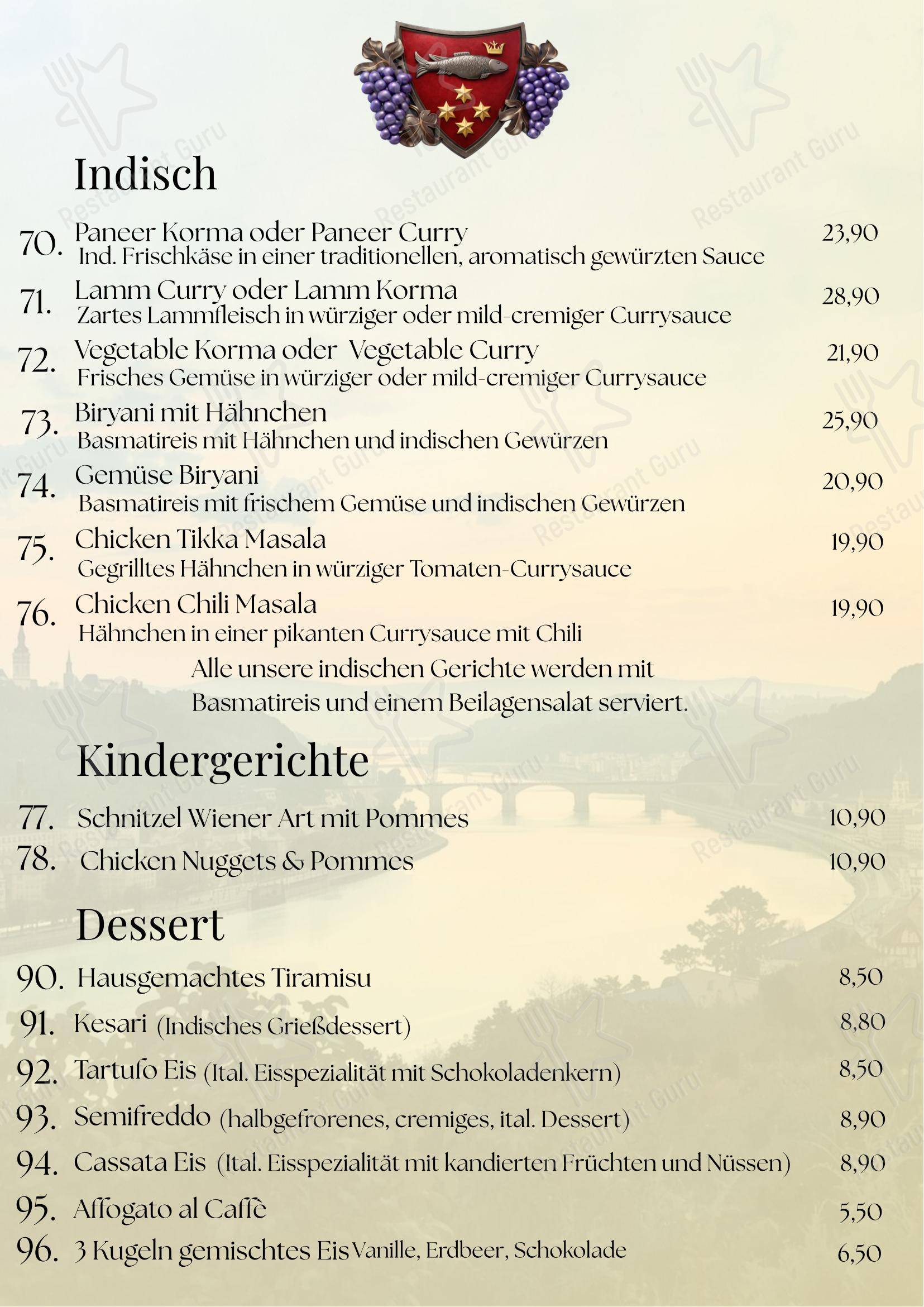 Restaurant Rheinblick в Ункеле - Меню