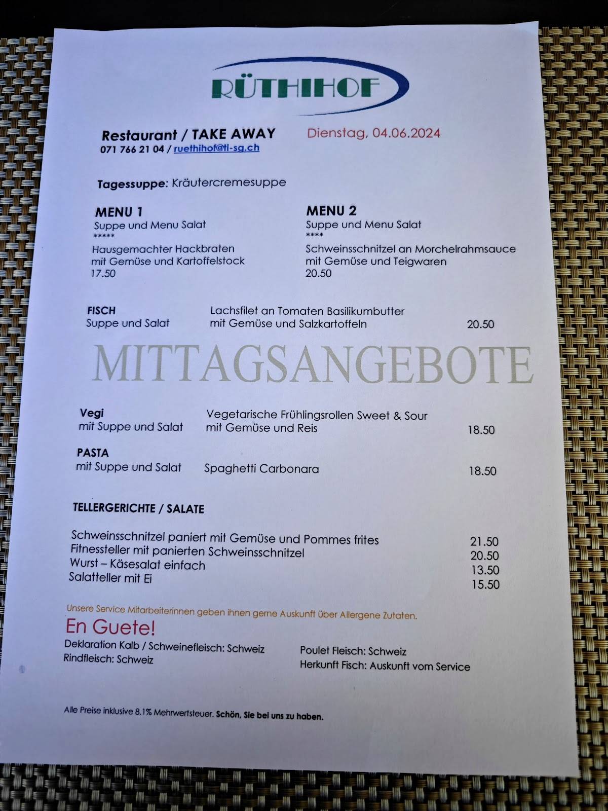 Restaurant Rüthihof меню