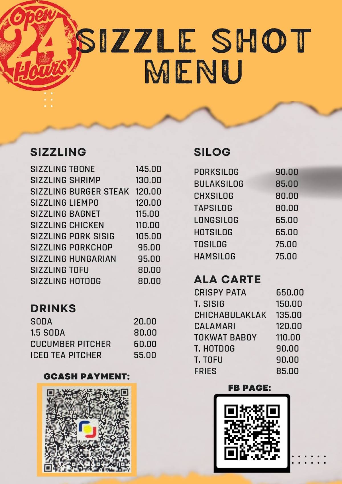 SIZZLE SHOT RESTOBAR меню