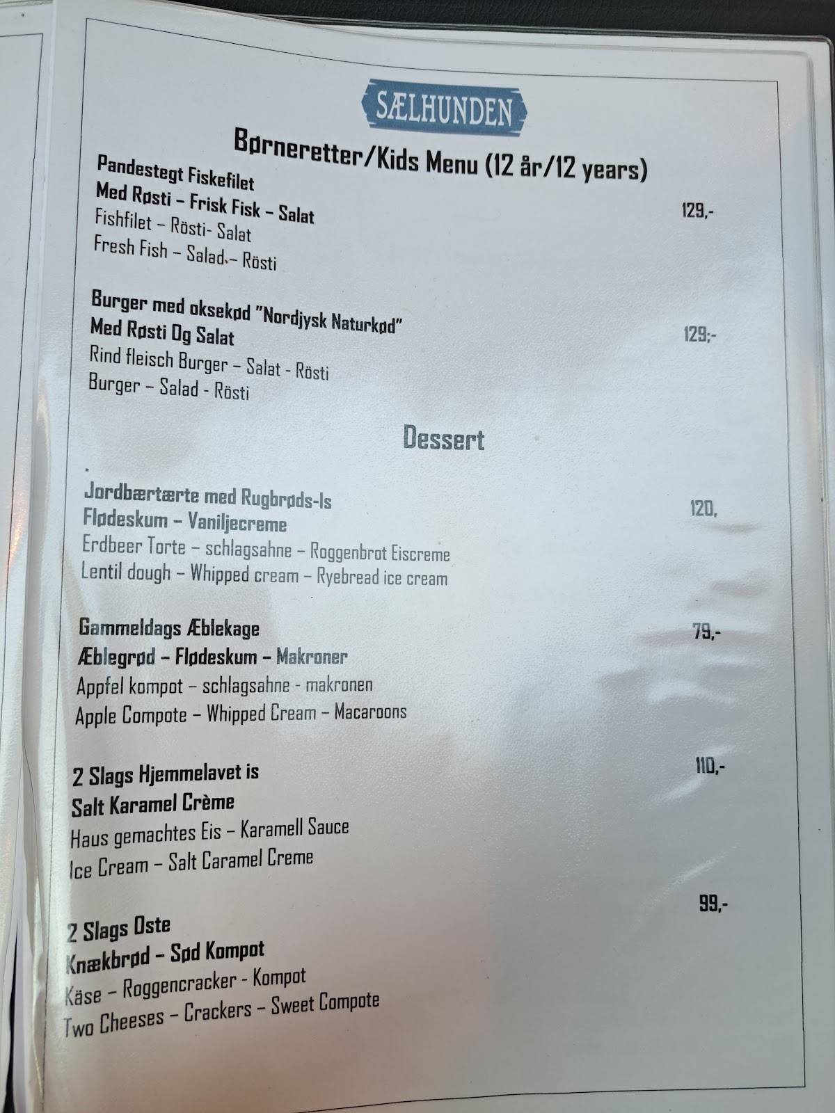 Restaurant Sælhunden меню