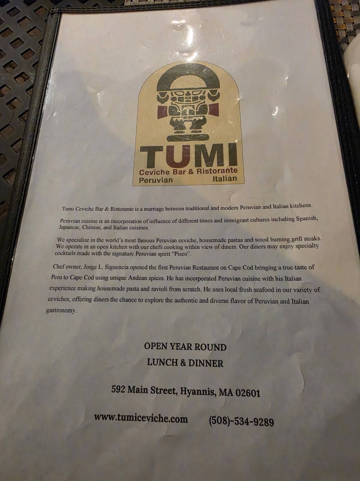 TUMI CEVICHE BAR & RISTORANTE меню