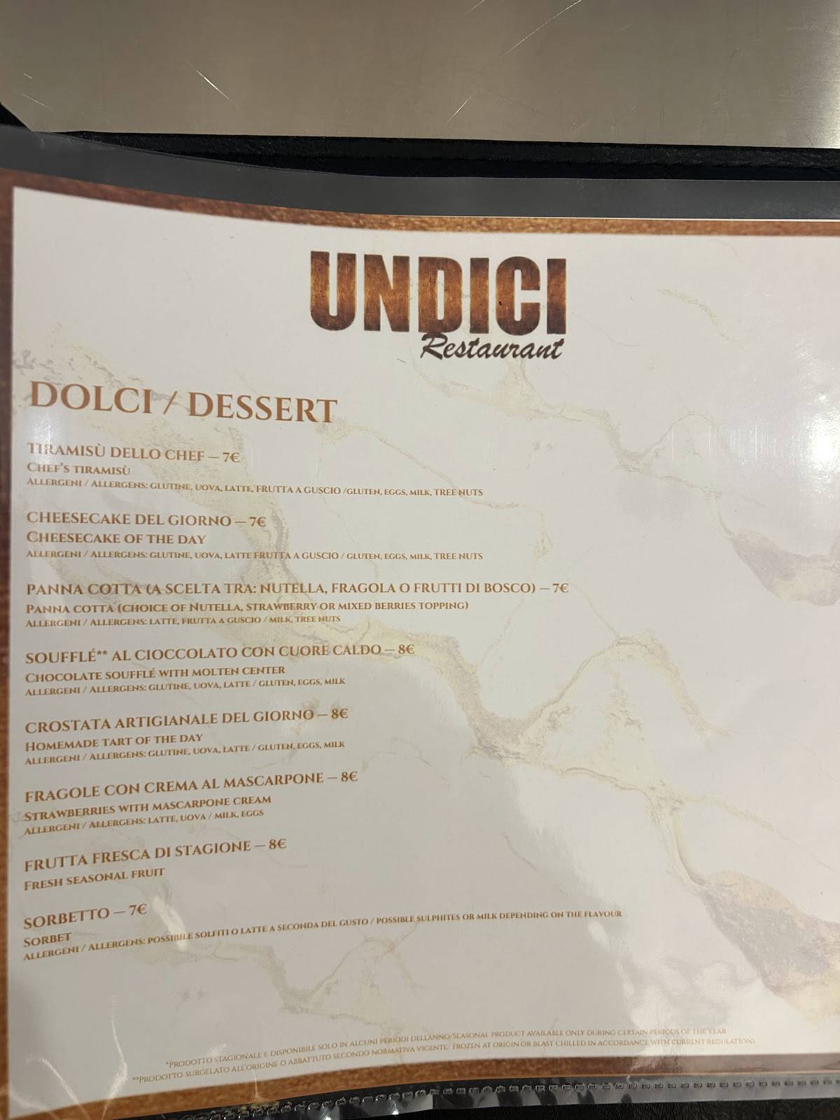 Undici Restaurant меню