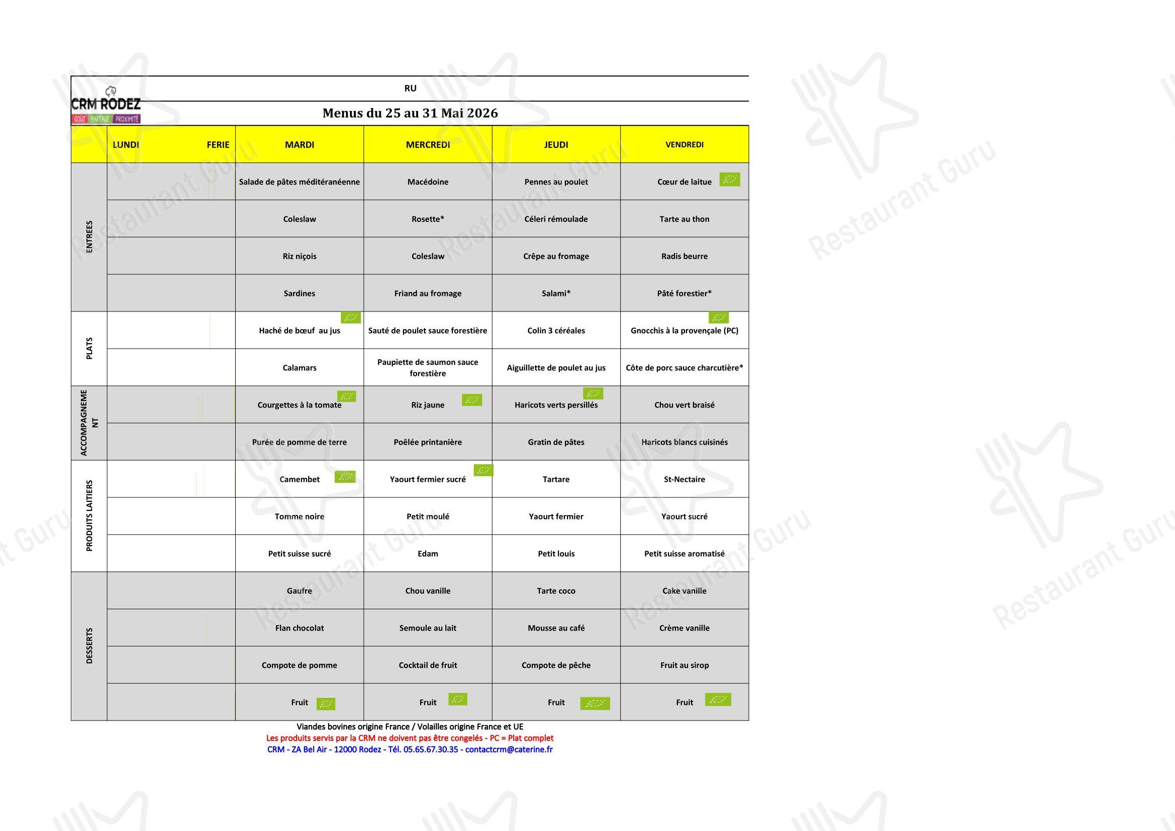 Lunch Menu ресторана Restaurant Universitaire