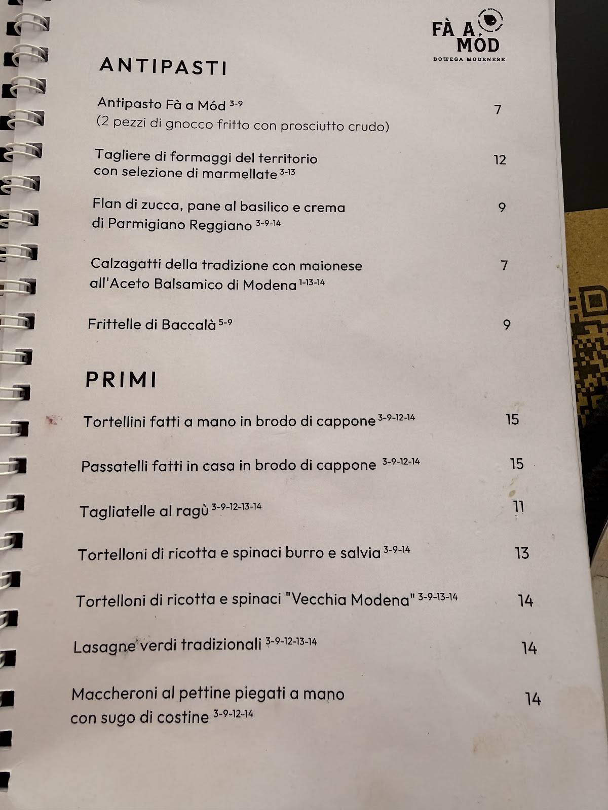 Ristorante Fà a Mód меню