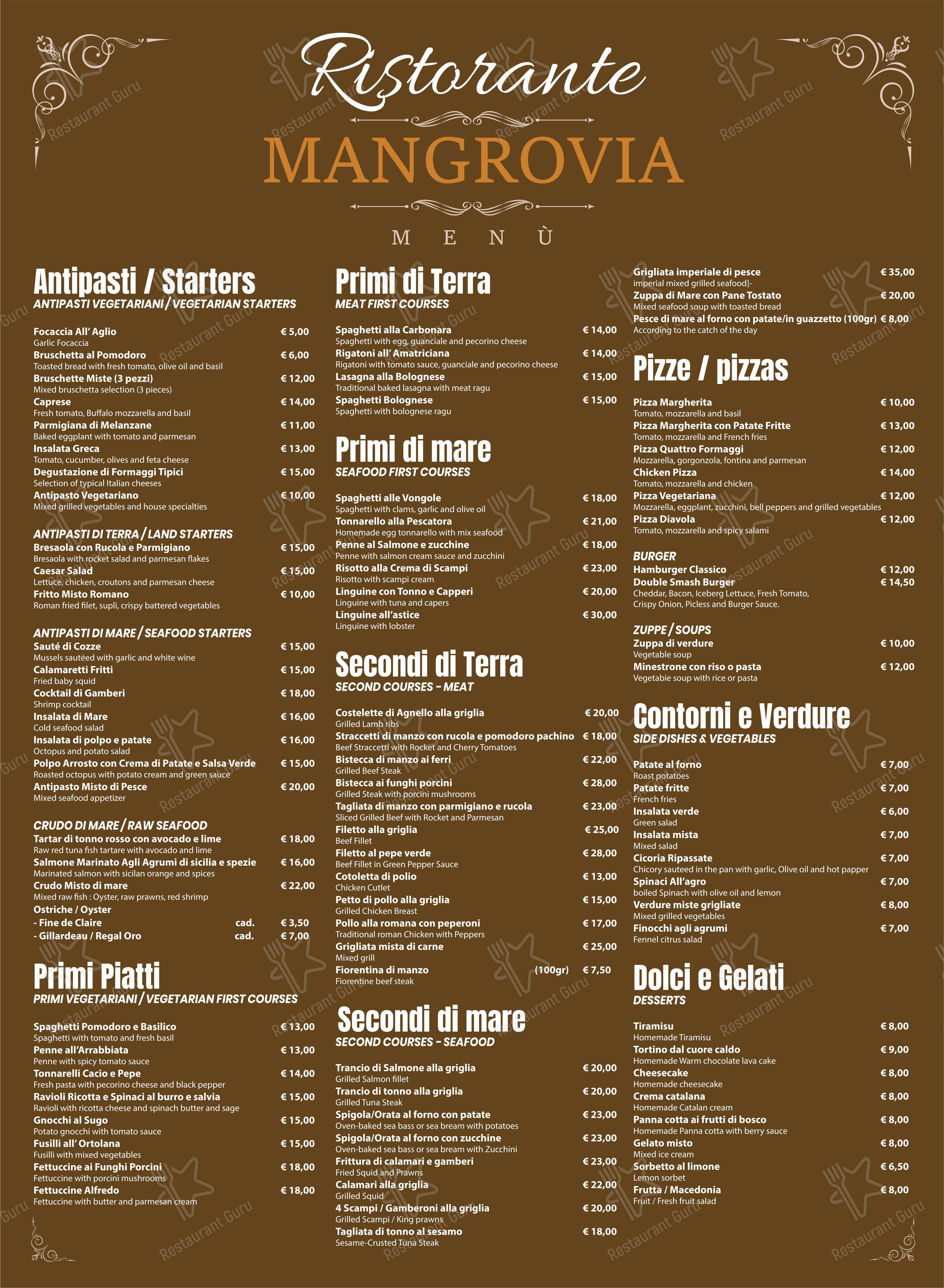 Меню ресторана Ristorante Mangrovia