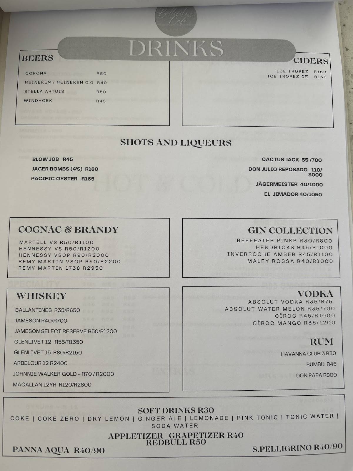 Bottomless cafe меню