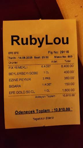 RUBYLOU Meyhane & Live Performance меню