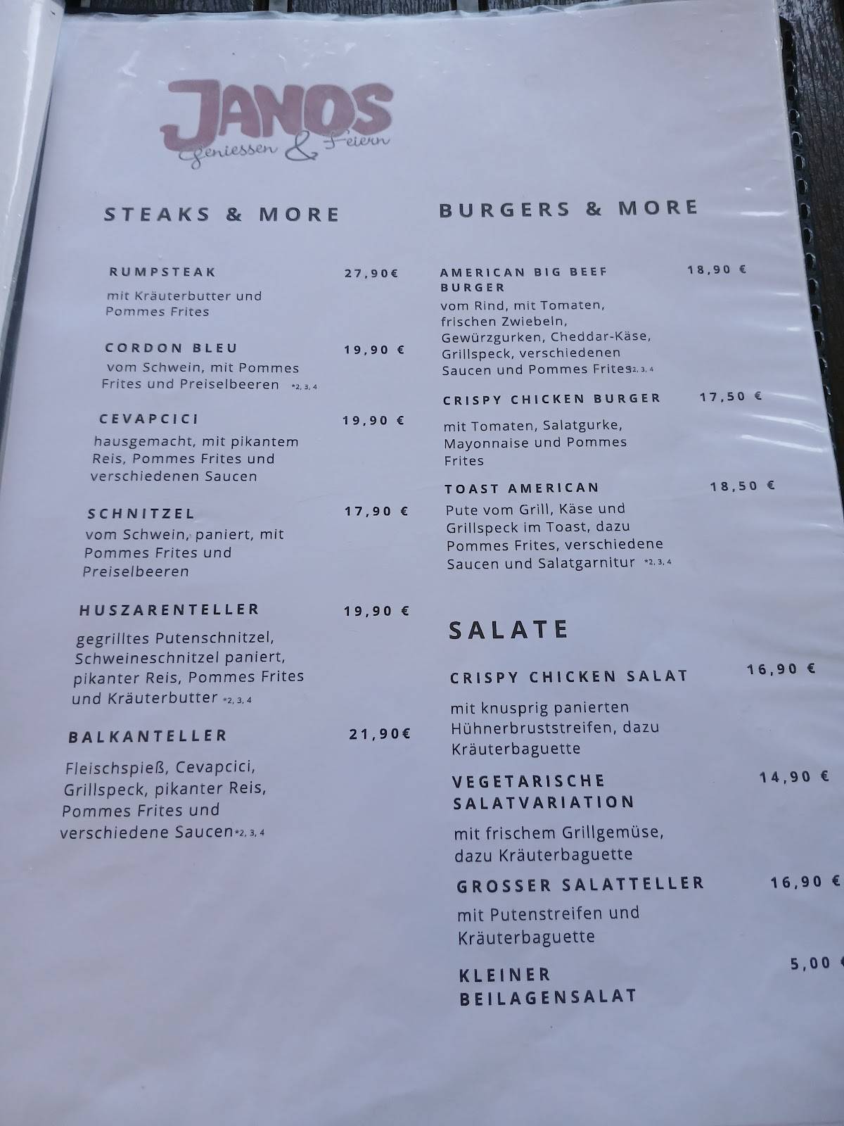 Restaurant Janos меню
