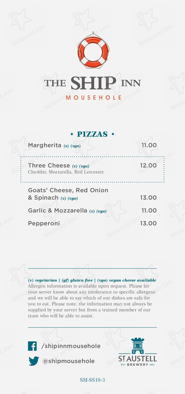 Ship Inn, Mousehole в Пензанс - Bar menu