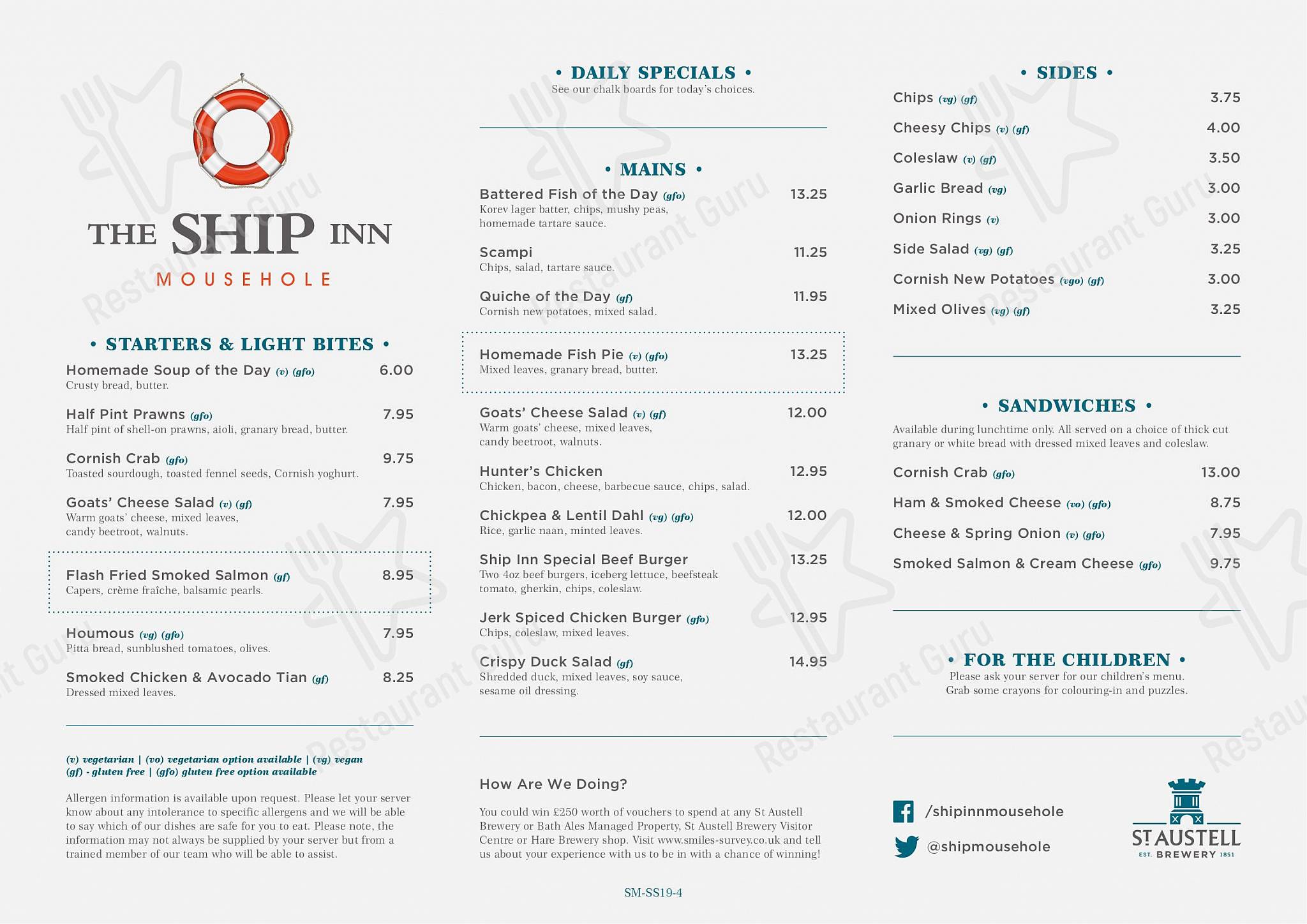 Bar menu паба и бара Ship Inn, Mousehole в Пензанс