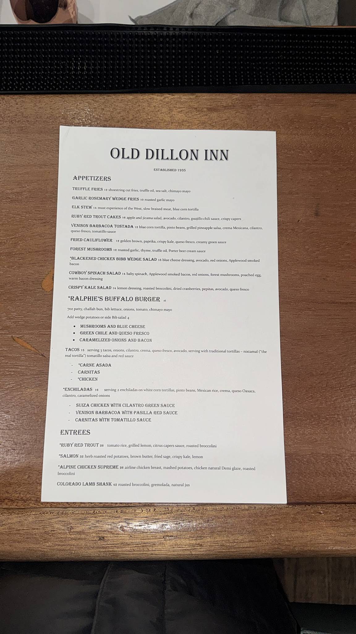 ODI "Old Dillon Inn" меню