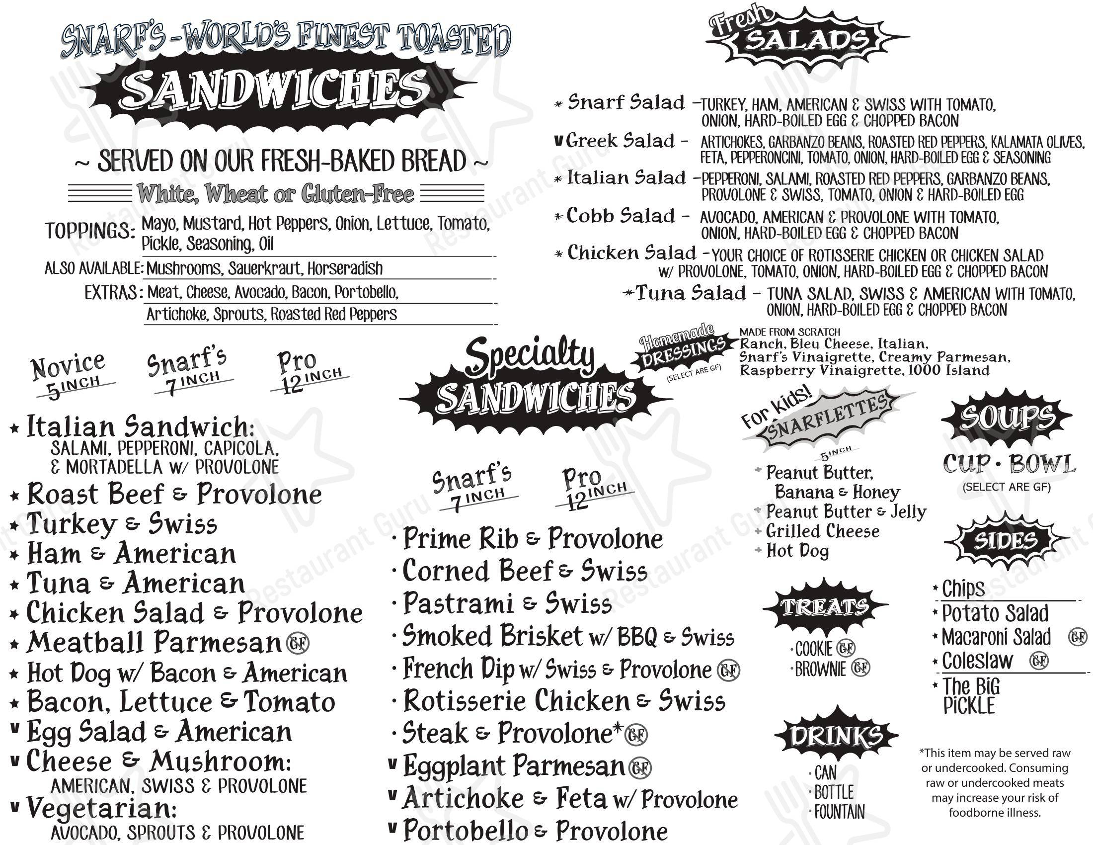 Меню фастфуда Snarf's Sandwiches - Меню напитков