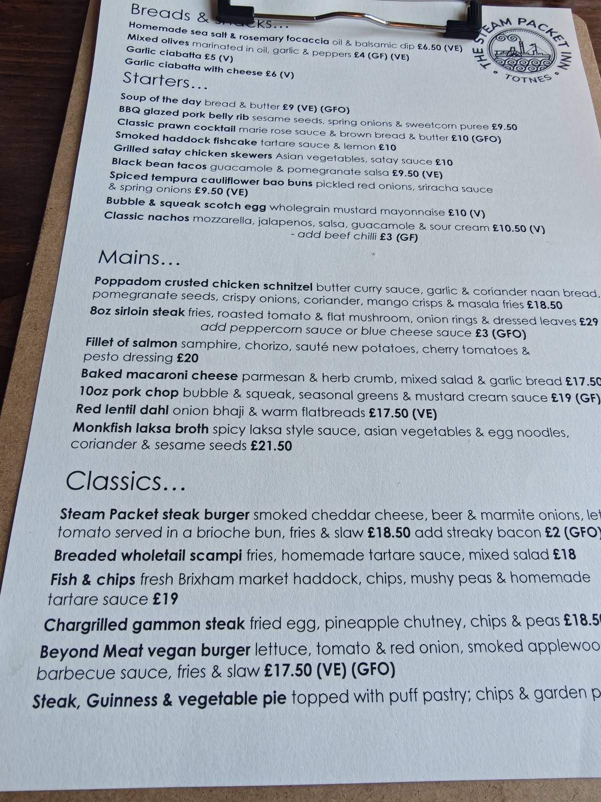Steam Packet Inn меню