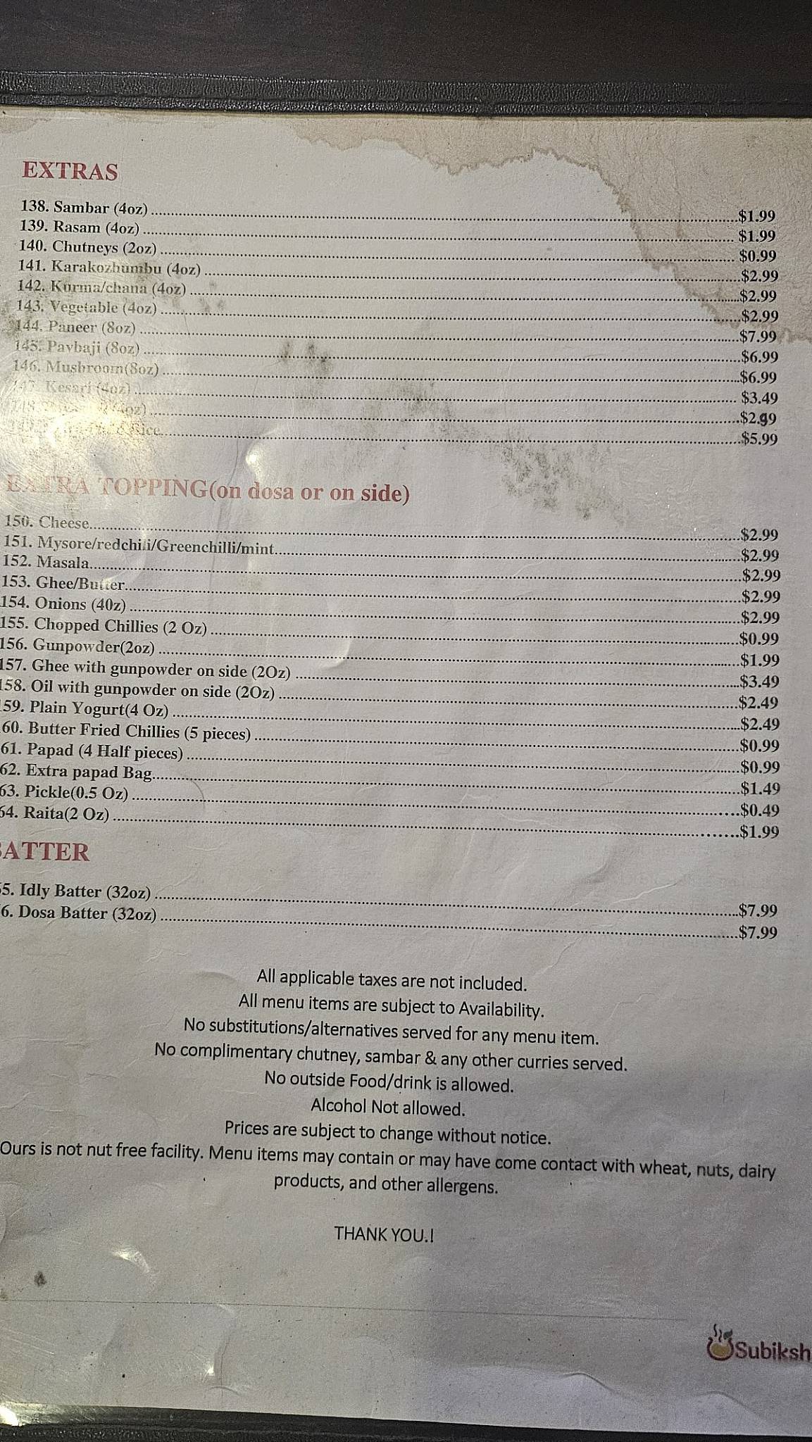 Subiksha Foods меню