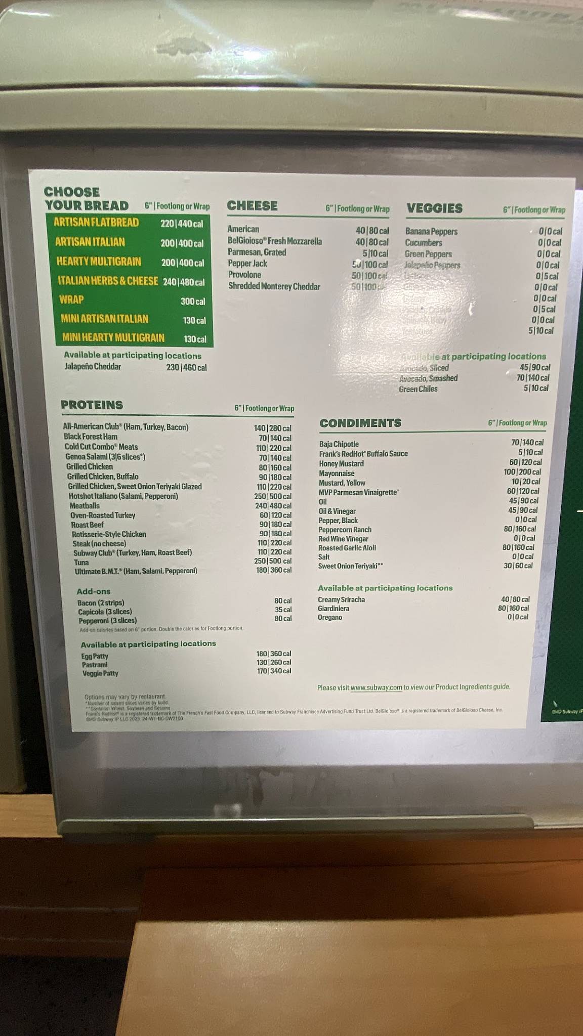Subway меню