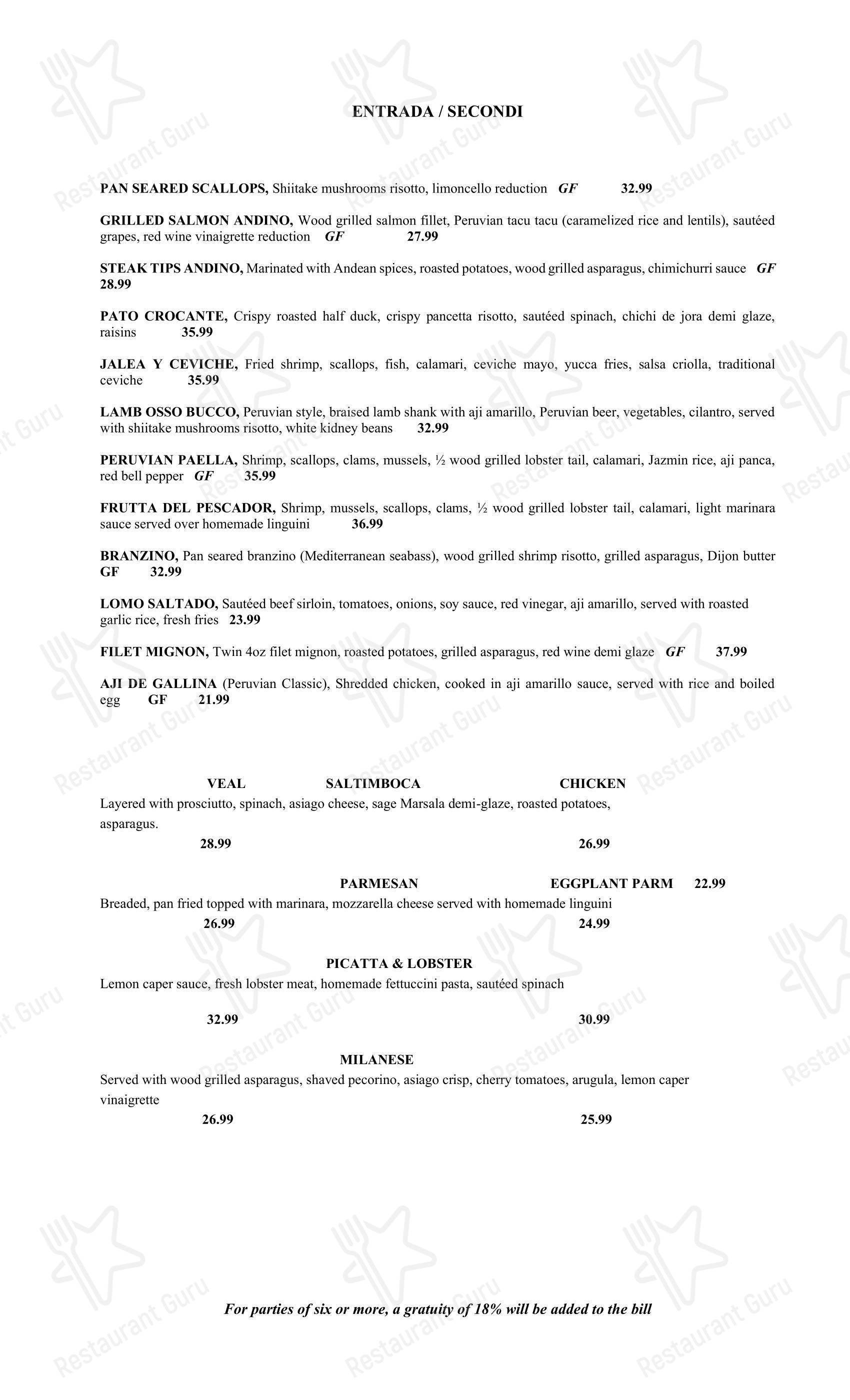Меню напитков ресторана TUMI CEVICHE BAR & RISTORANTE