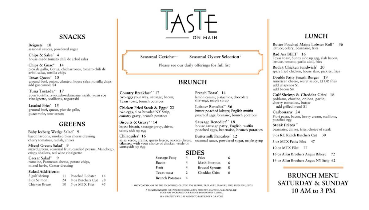 Taste on Main меню