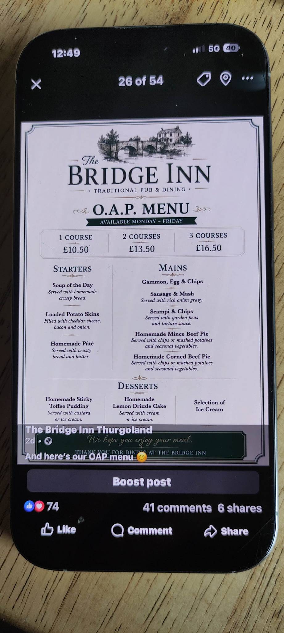 The Bridge Inn меню