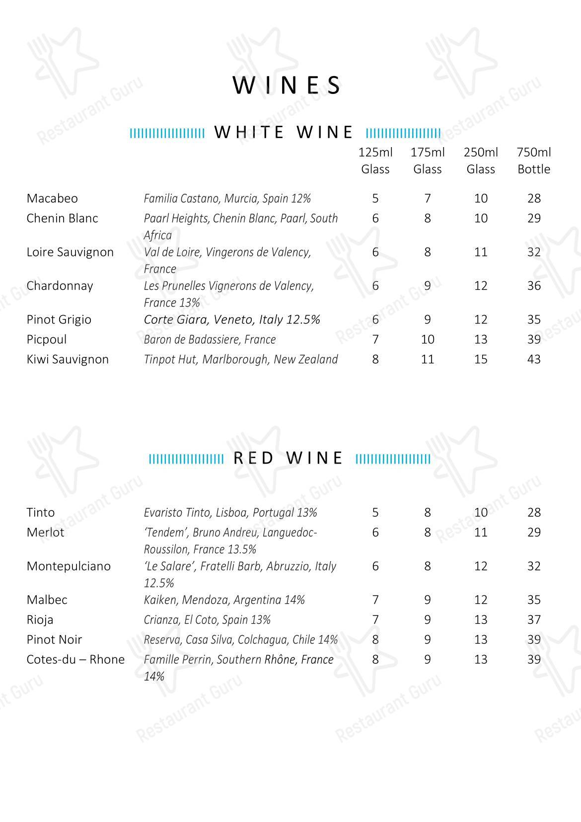 Меню паба и бара The Bridge Inn - Wine Menu