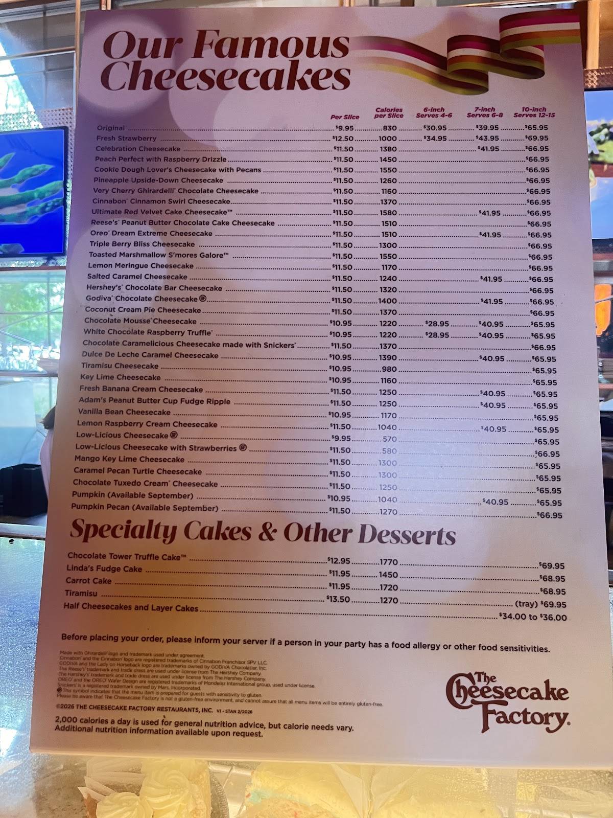 The Cheesecake Factory меню