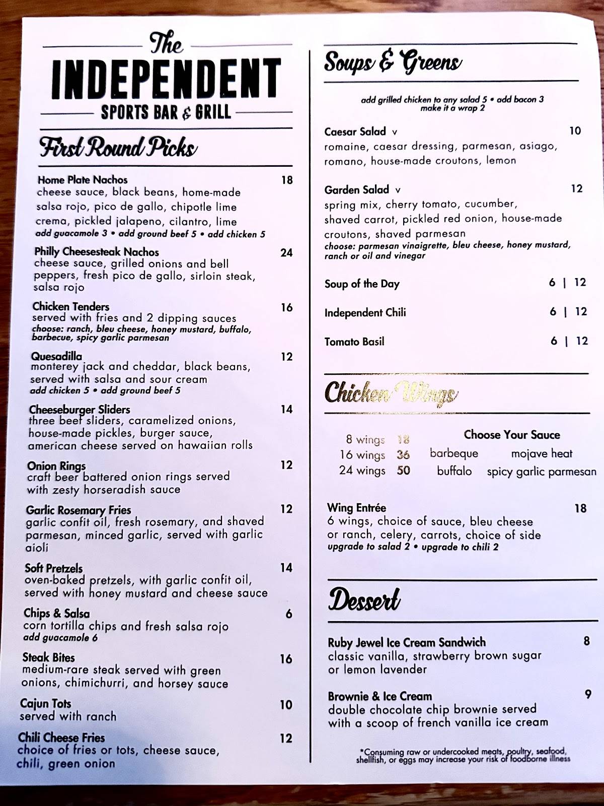 The Independent Sports Bar & Grill меню