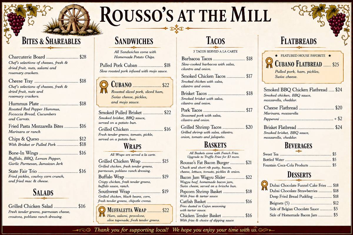 The Old Mill By Rousso's Wine Garden меню