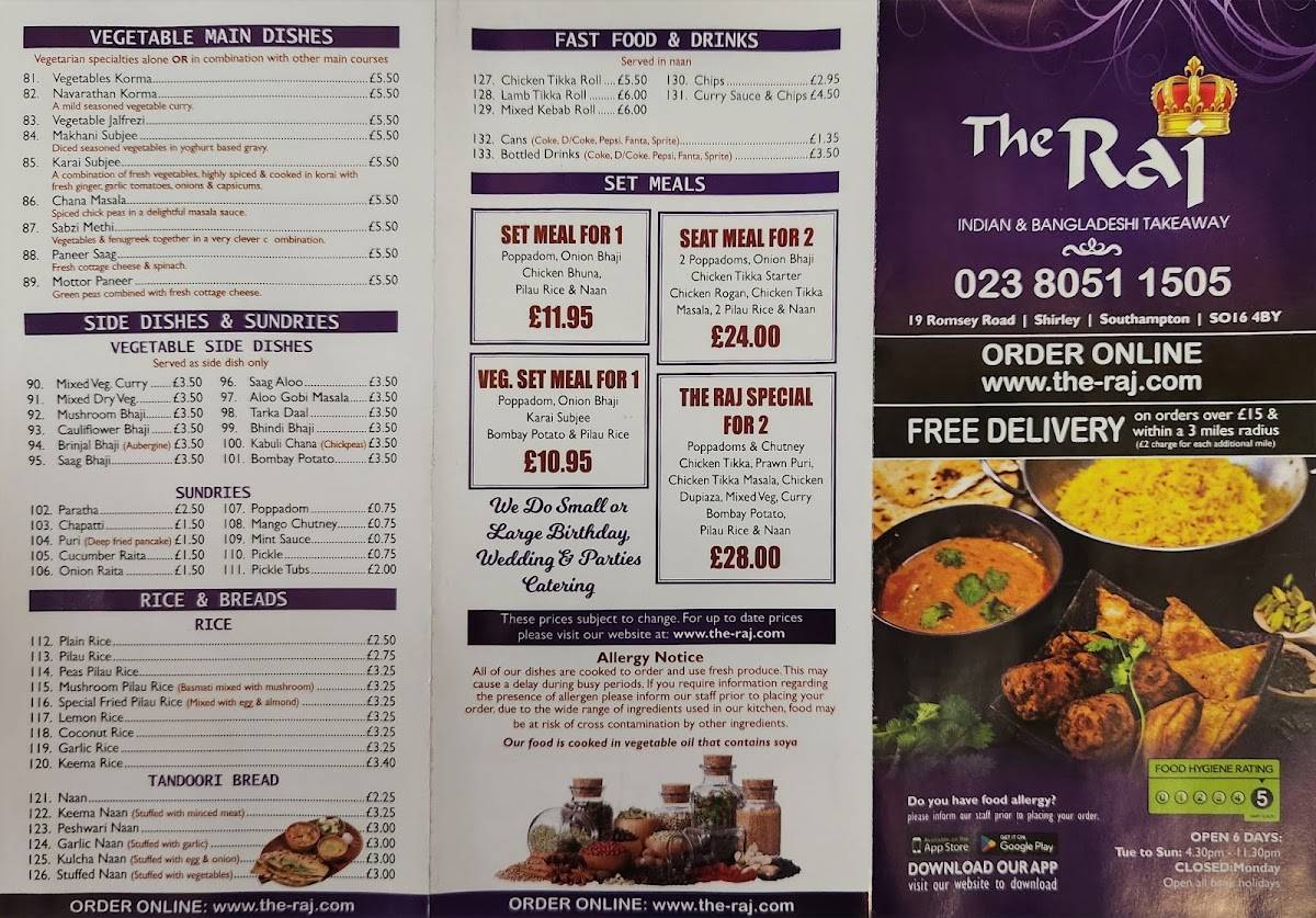 The Raj Indian Takeaway меню