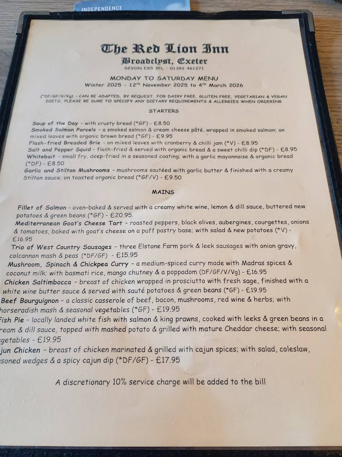 The Red Lion Inn, Exeter меню