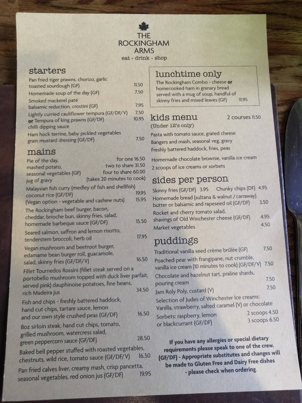 The Rockingham Arms меню
