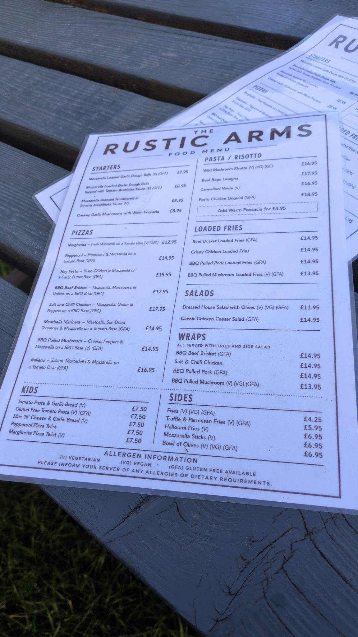The Rustic Arms меню