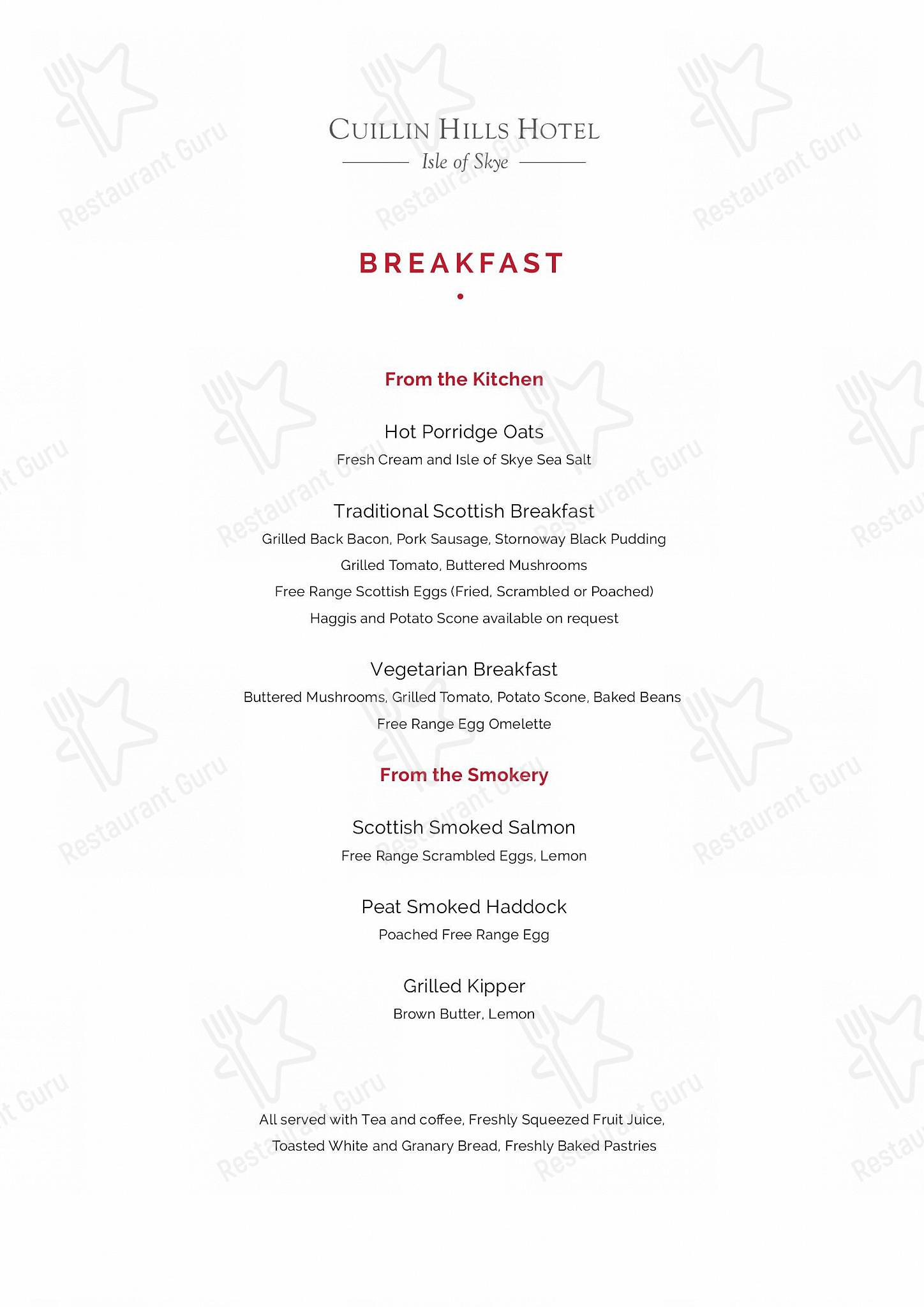 Sunday Lunch Sample Menu ресторана Cuillin Hills Hotel