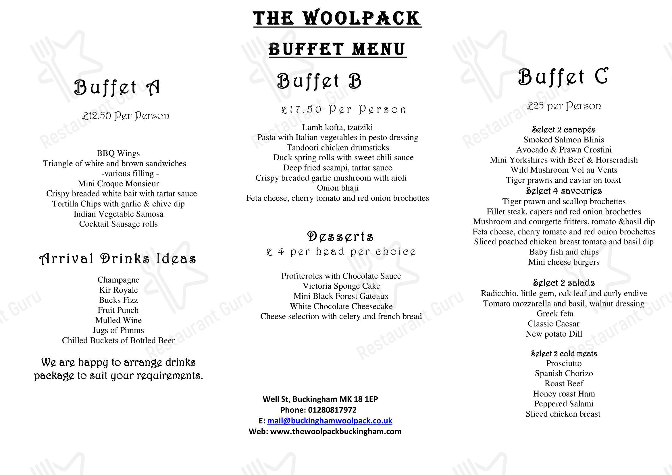 Ночное меню паба и бара The Woolpack Pub в Бакингеме