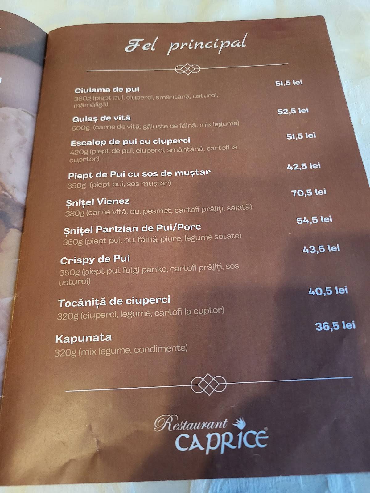 Restaurant Caprice меню