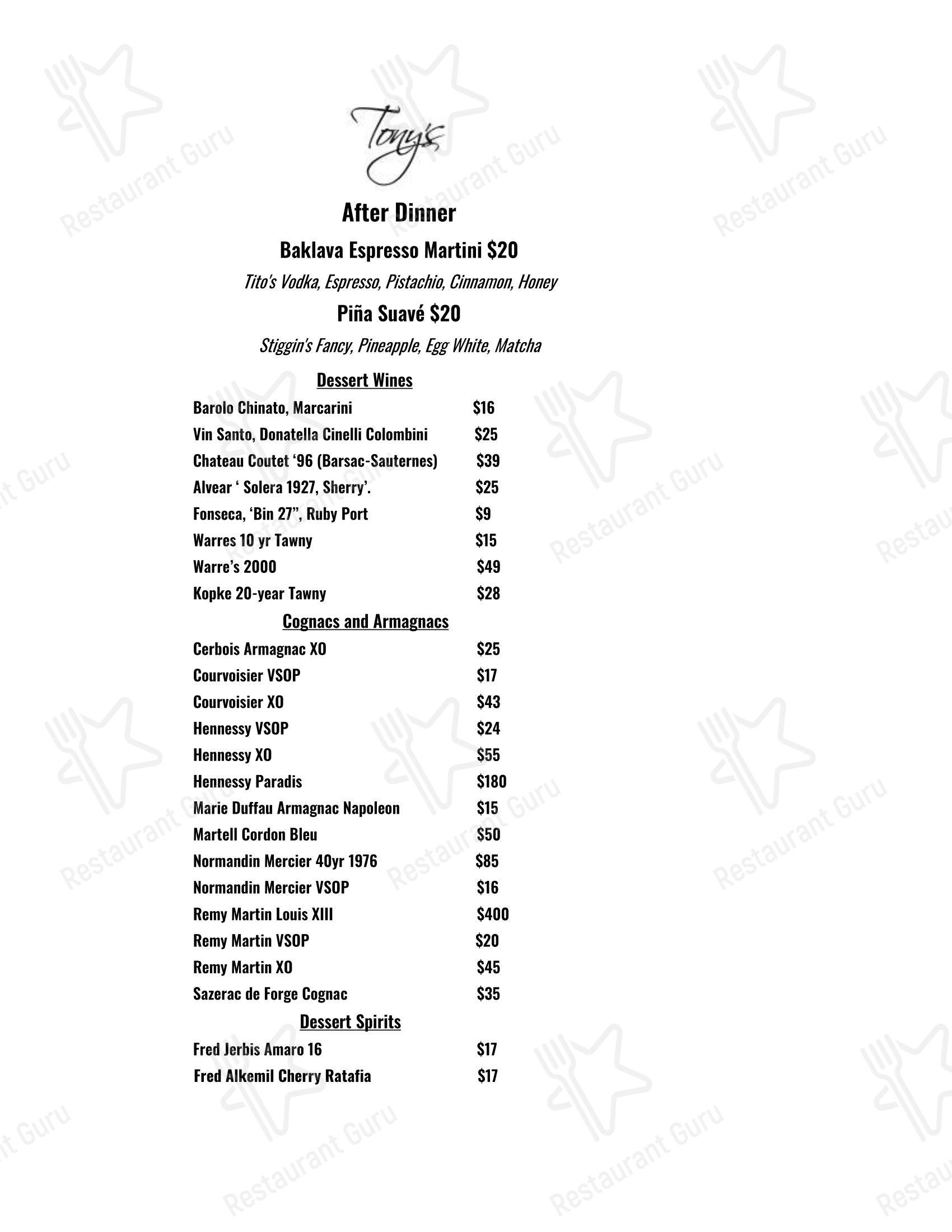 Tony's в Хьюстоне - Wine Menu