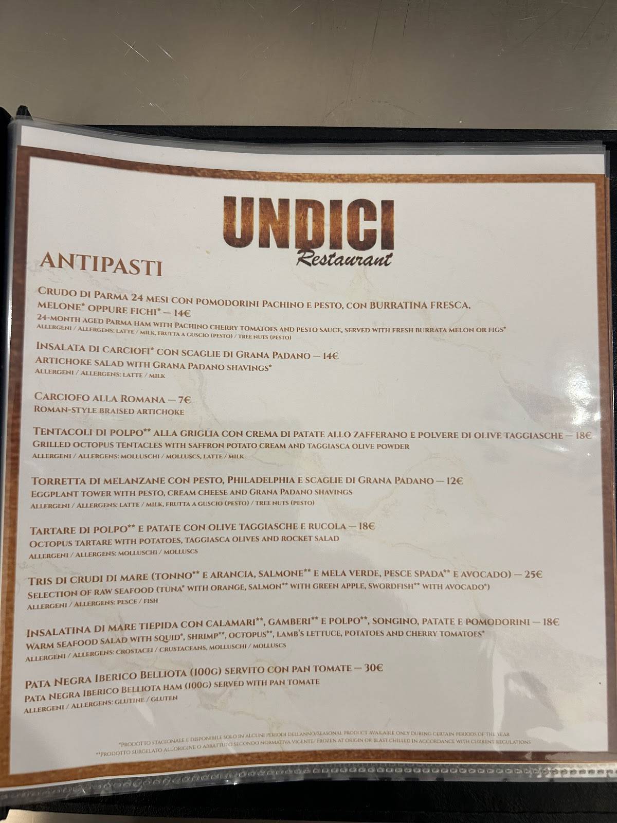 Undici Restaurant меню