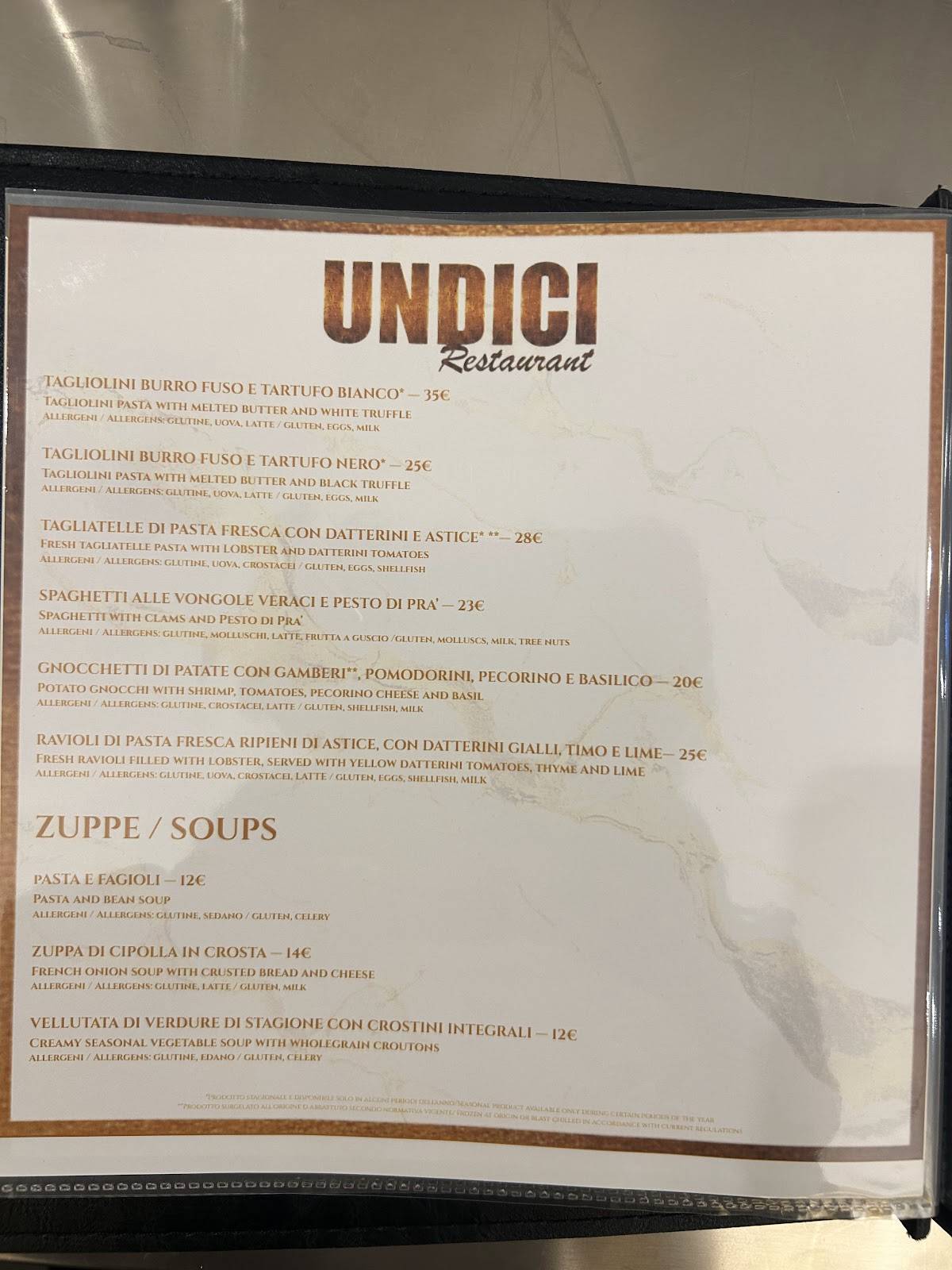 Undici Restaurant меню