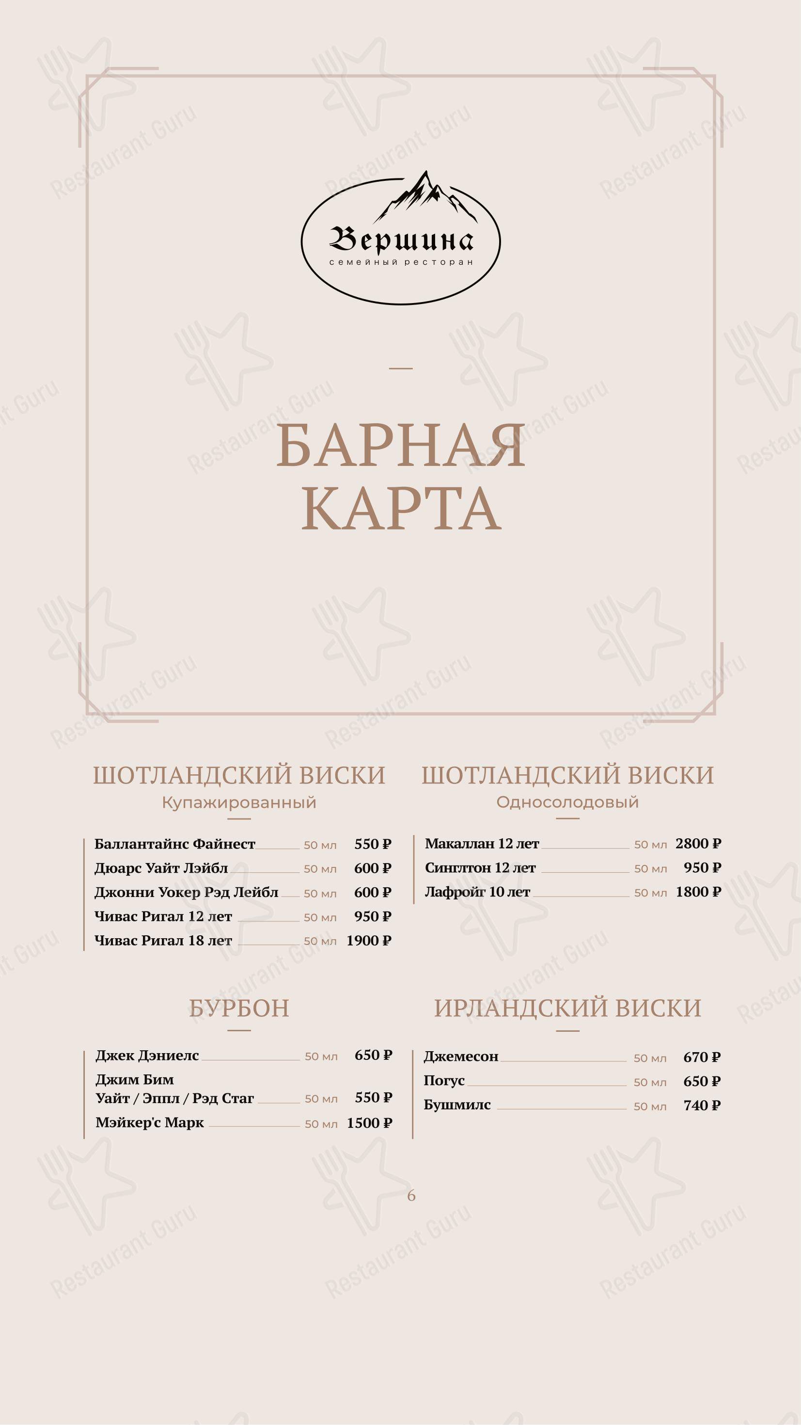 Меню напитков ресторана Вершина