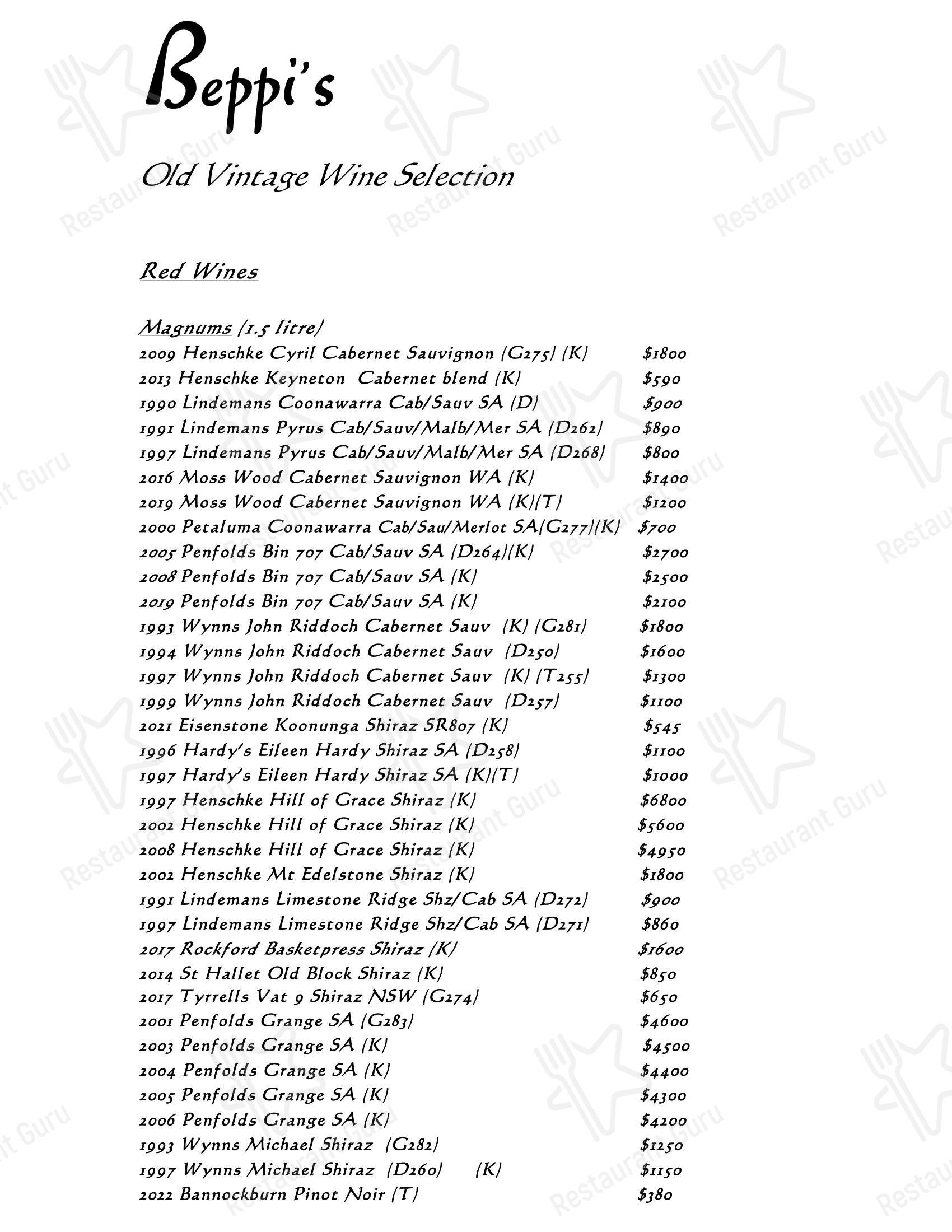 Beppi's Italian в Дарлингхерсте - Drink menu