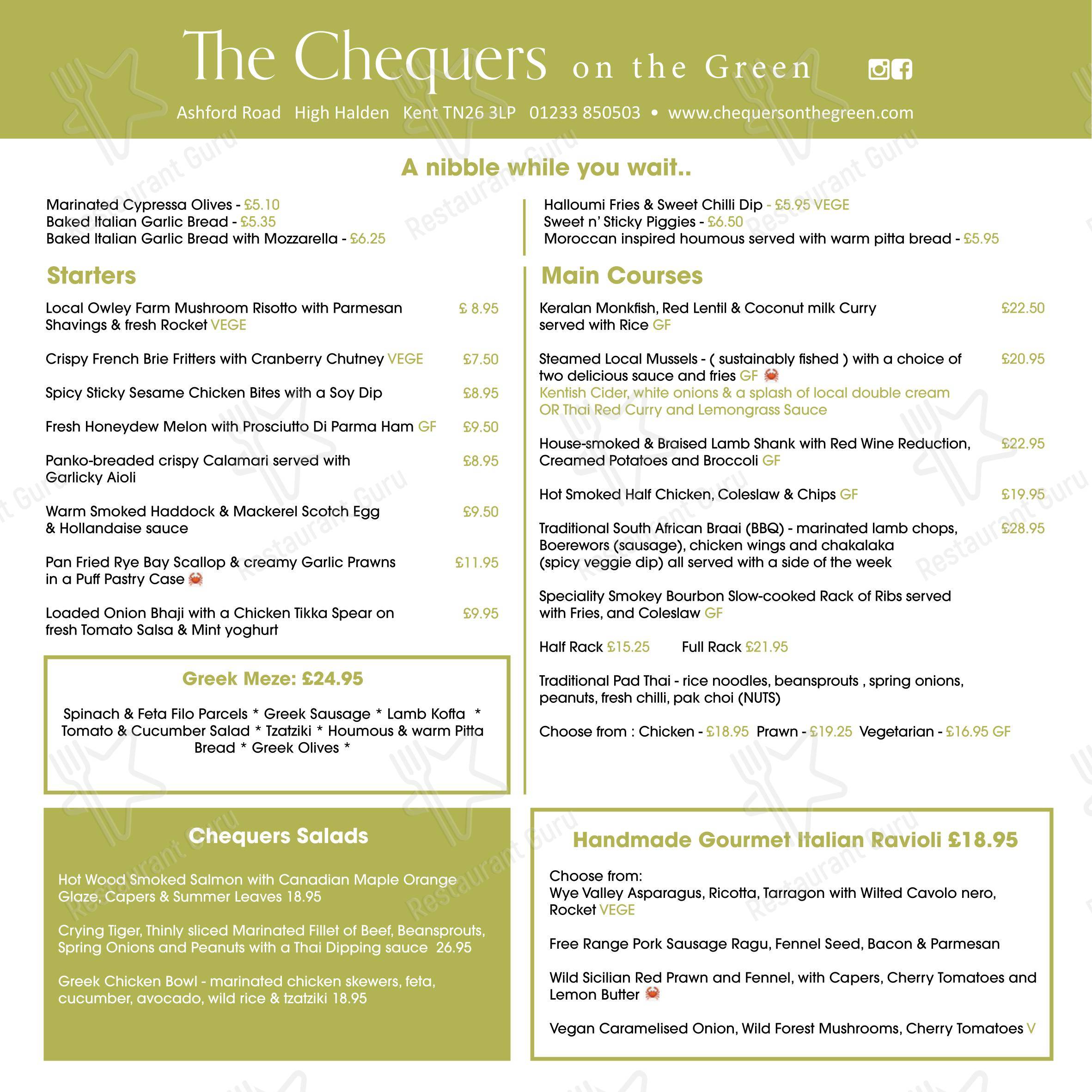 菜单 паба и бара Chequers on the Green