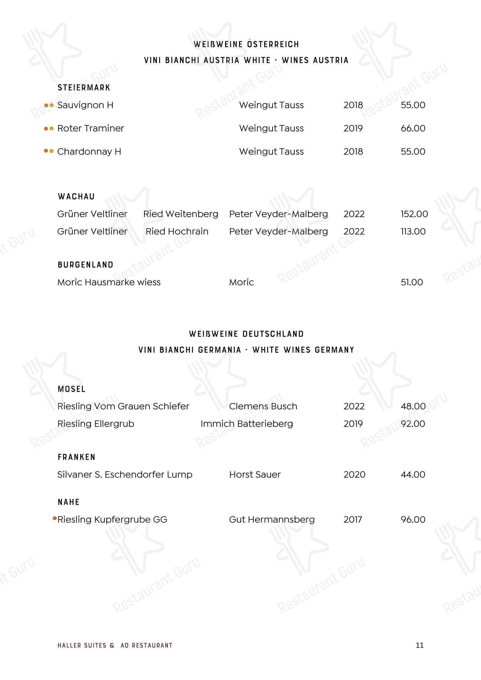 Меню паба и бара byHaller Suites & AO Restaurant - Lunch Menu