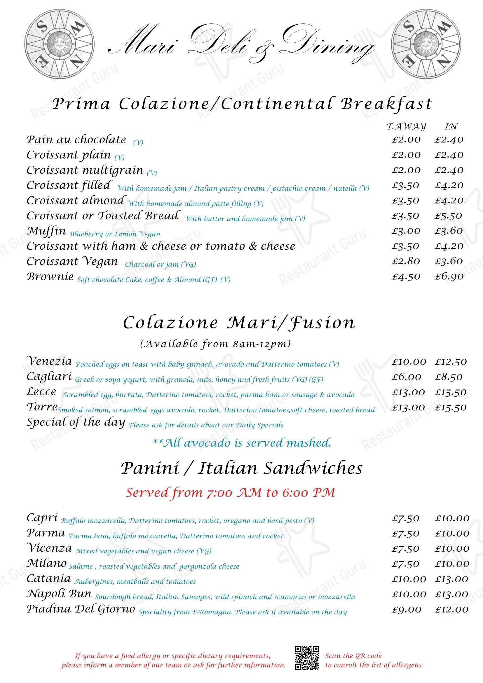 Mari Deli & Dining в Лондоне - 菜单