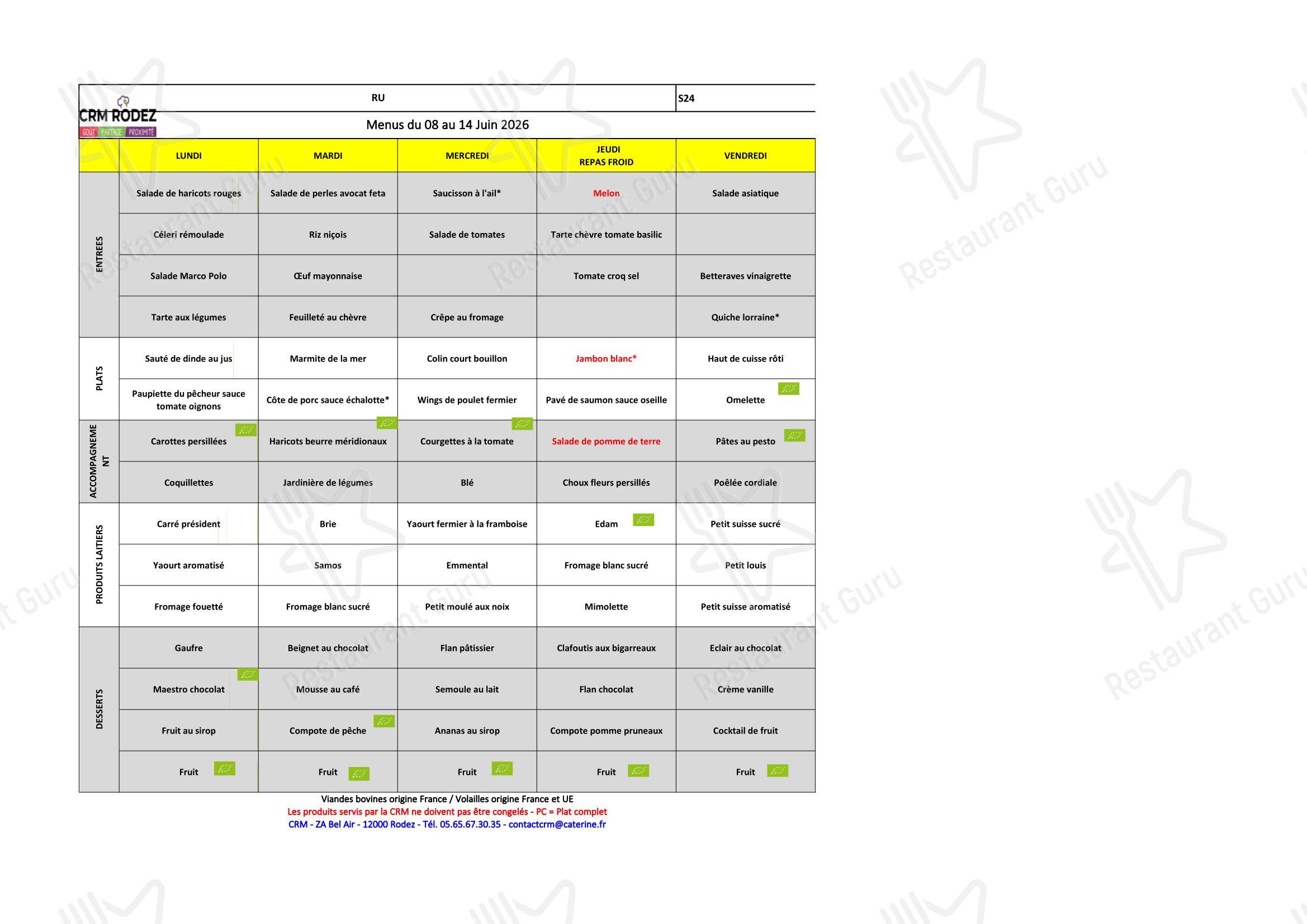 Lunch Menu ресторана Restaurant Universitaire