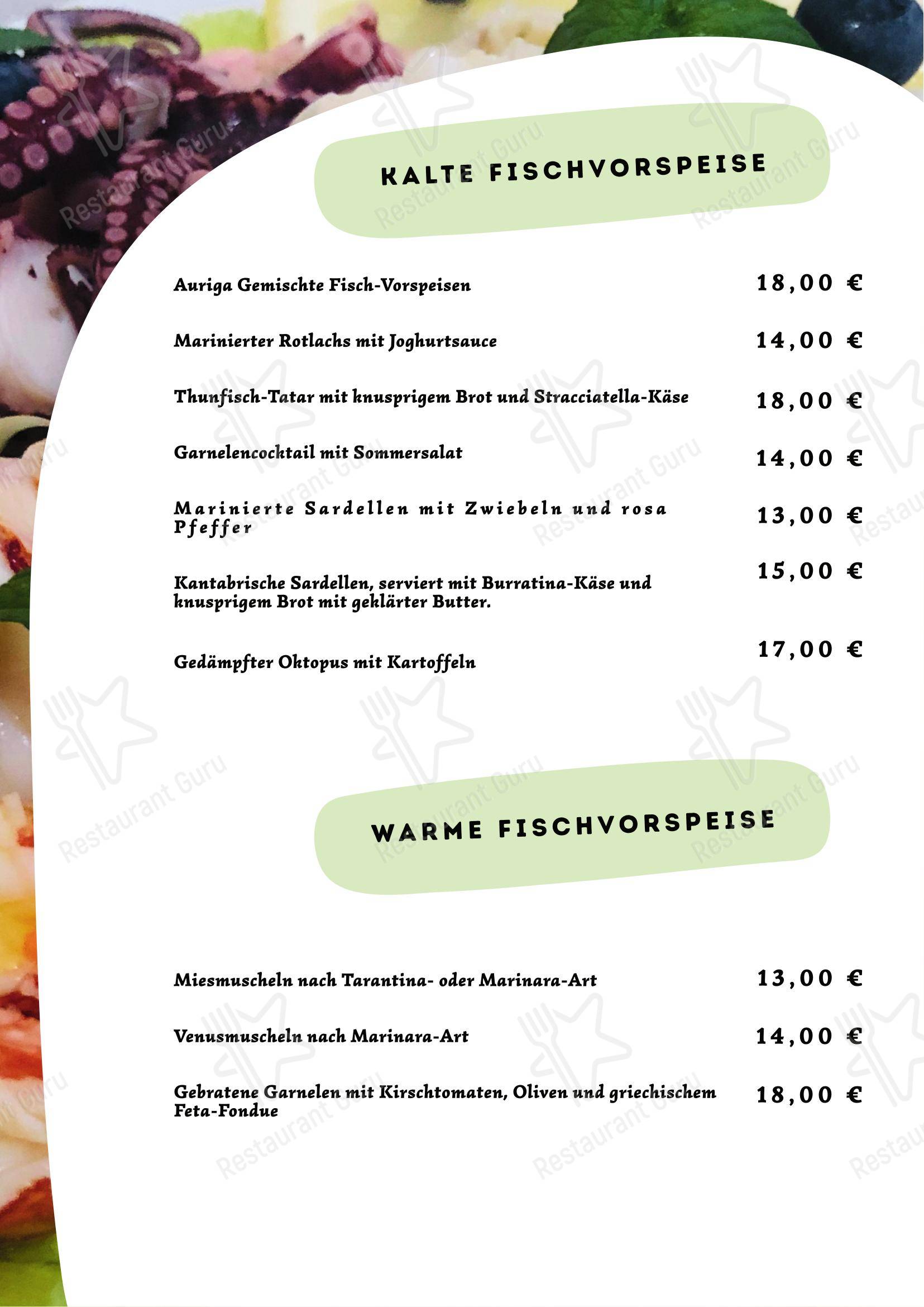 Меню паба и бара Ristorante Pizzeria Auriga - Основное меню