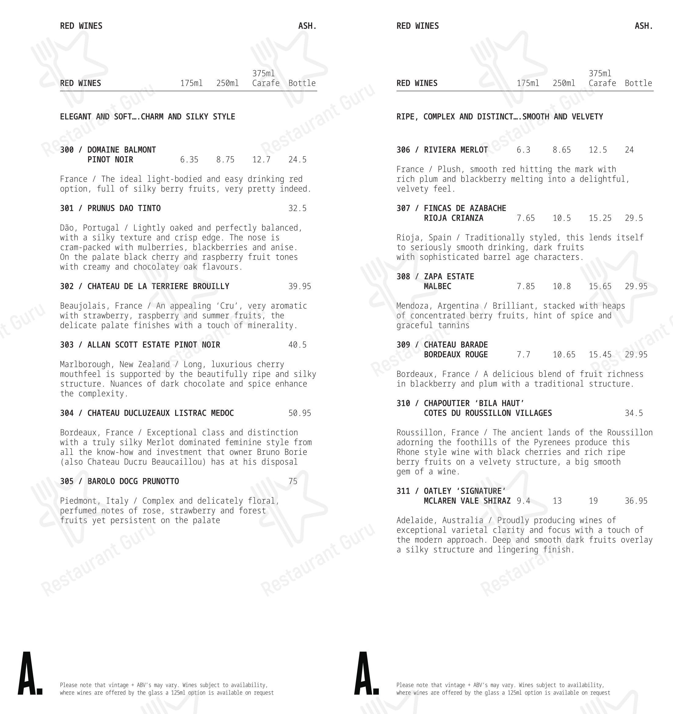 Lunch Menu ресторана ASH в Бирмингеме